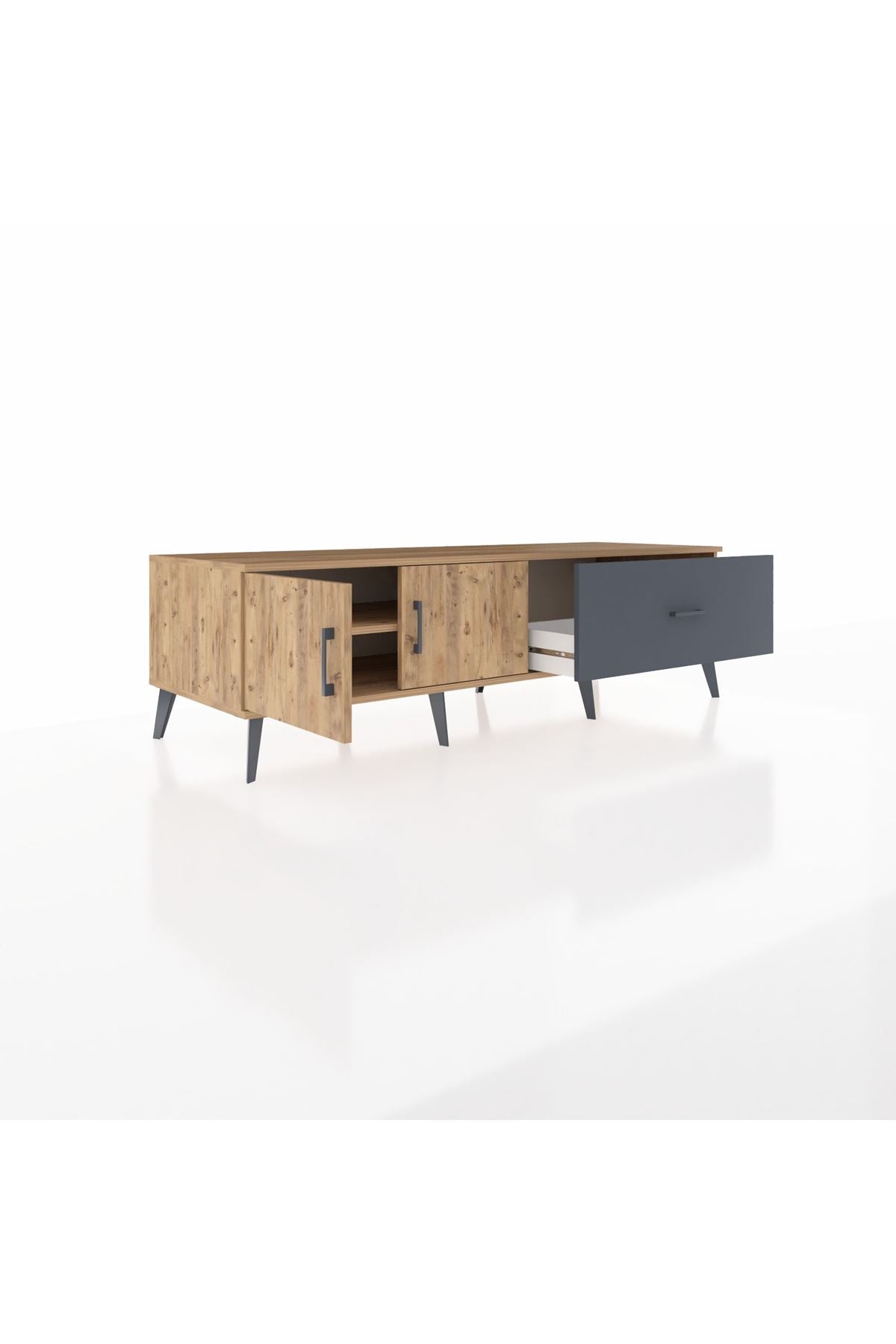 Kronos TV Ünitesi Tek Raflı Tek Çekmeceli 2 Kapaklı 176x59x51 Çam-Çam/Antrasit