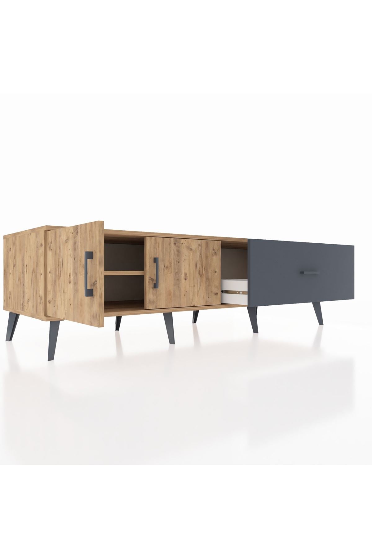 Kronos TV Ünitesi Tek Raflı Tek Çekmeceli 2 Kapaklı 176x59x51 Çam-Çam/Antrasit