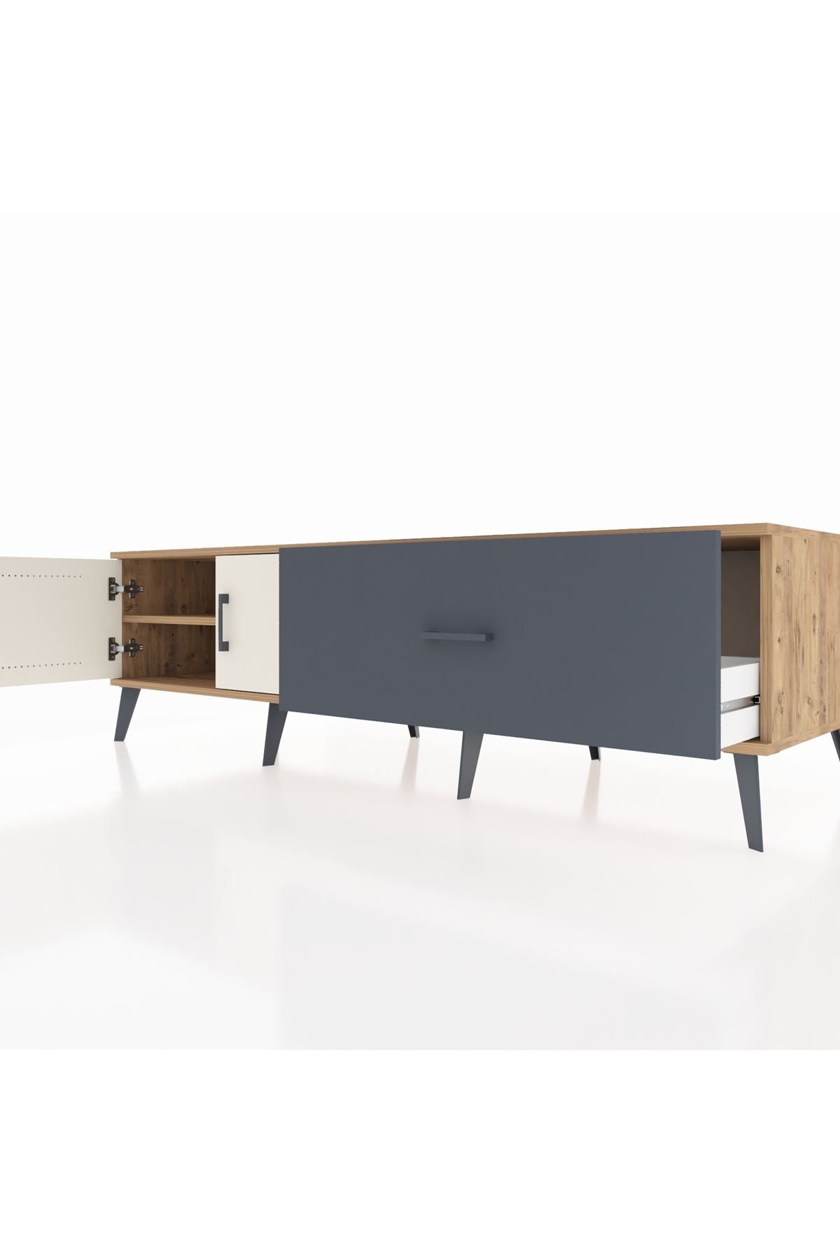 Kronos TV Ünitesi Tek Raflı Tek Çekmeceli 2 Kapaklı 176x59x51 Çam-Aytaşı/Antrasit