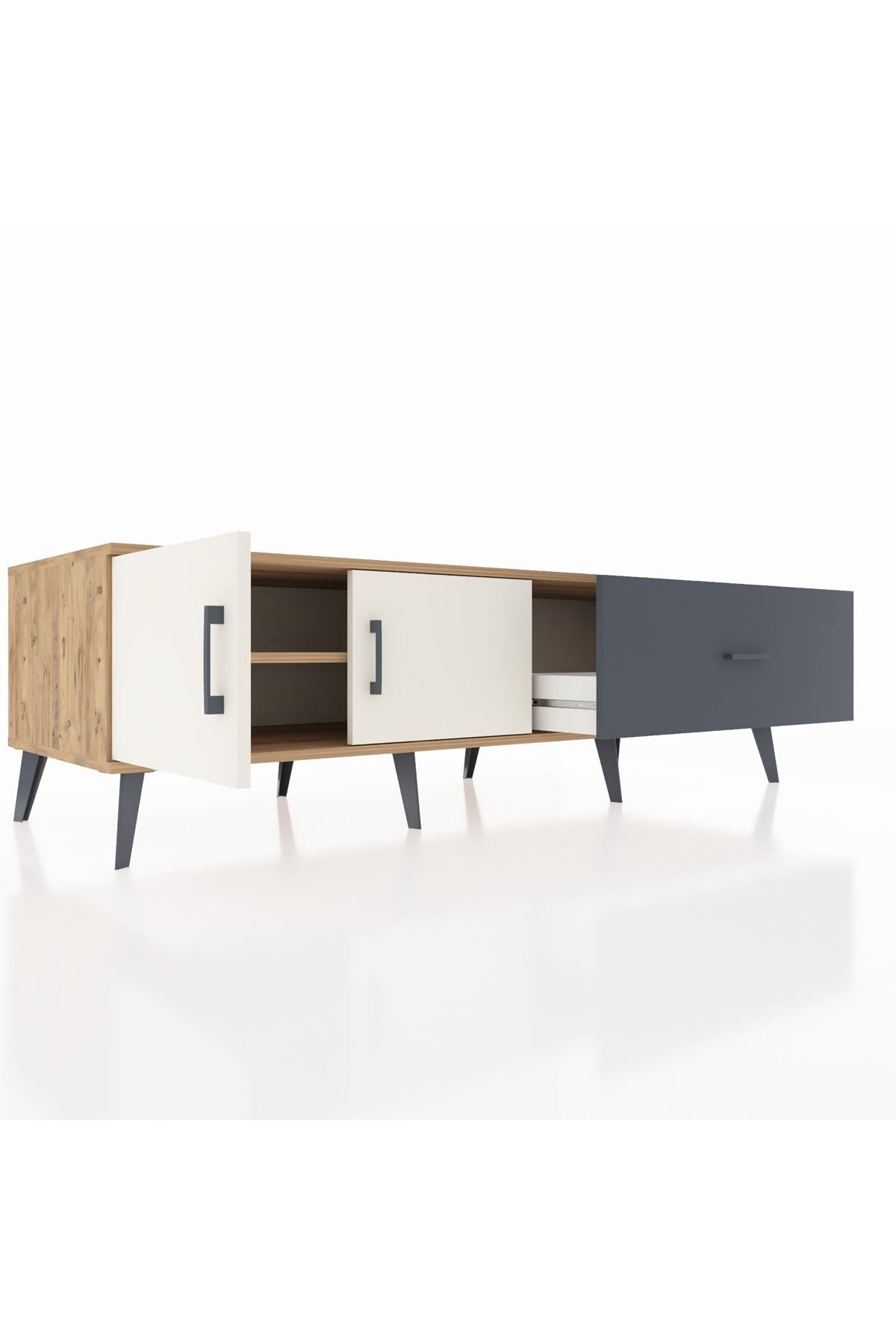 Kronos TV Ünitesi Tek Raflı Tek Çekmeceli 2 Kapaklı 176x59x51 Çam-Aytaşı/Antrasit