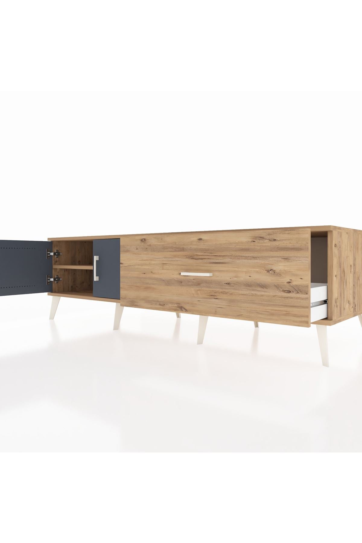 Kronos TV Ünitesi Tek Raflı Tek Çekmeceli 2 Kapaklı 176x59x51 Çam-Antrasit/Çam