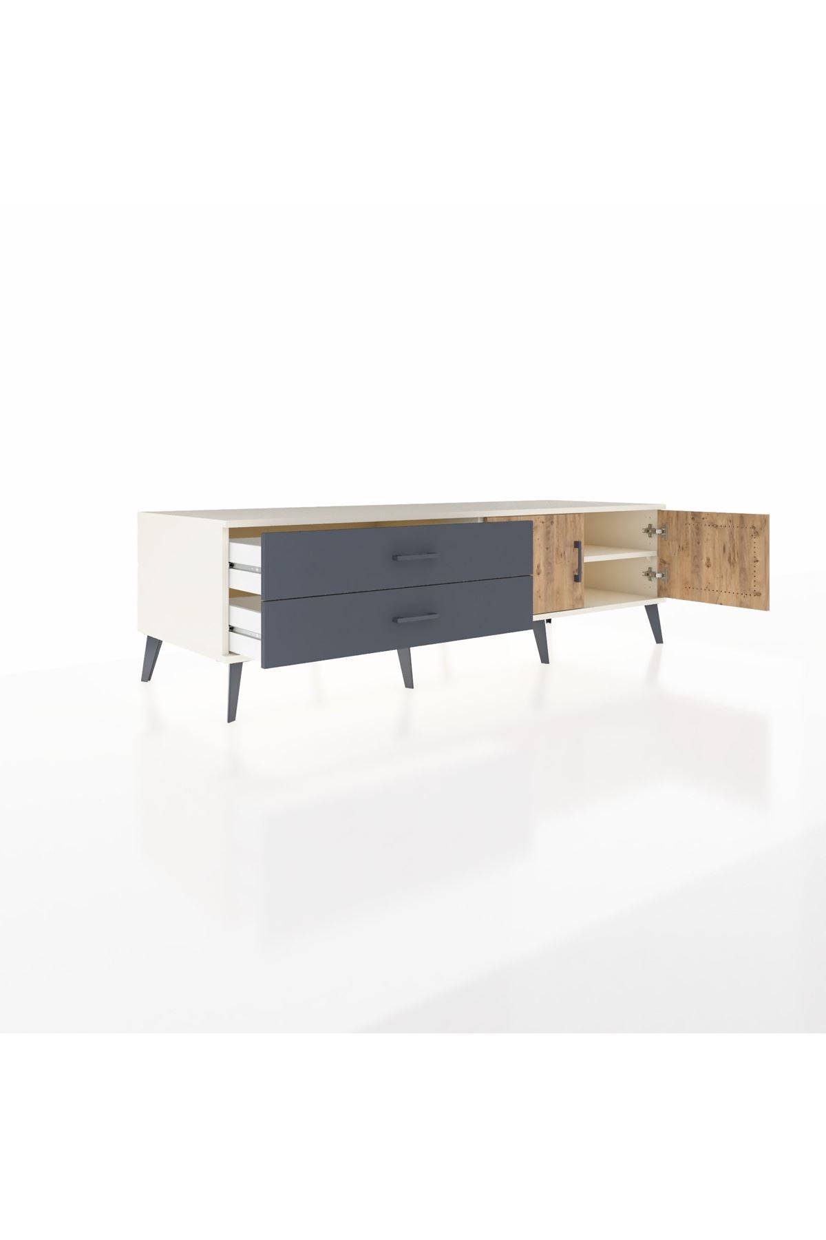 Kronos TV Ünitesi Tek Raflı 2 Çekmeceli 2 Kapaklı 176x59x51 Aytaşı-Çam/Antrasit