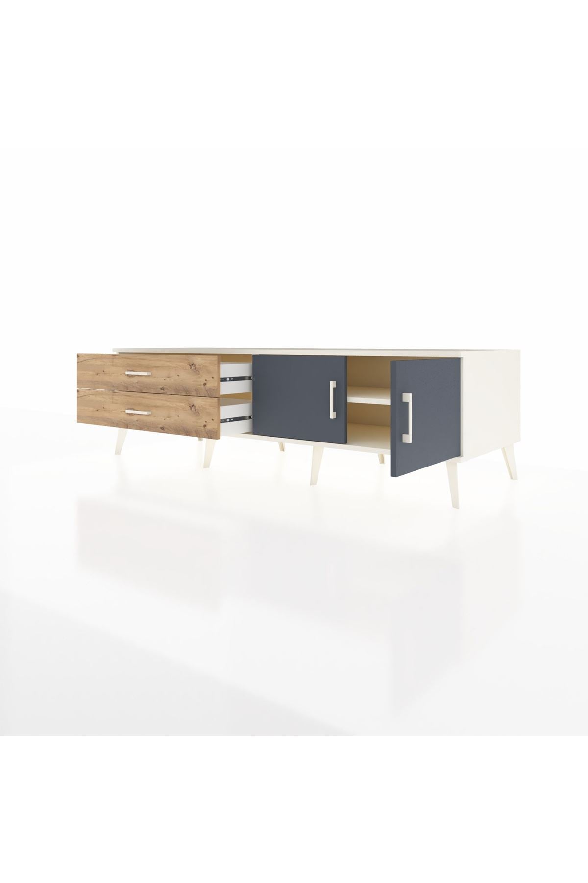 Kronos TV Ünitesi Tek Raflı 2 Çekmeceli 2 Kapaklı 176x59x51 Aytaşı-Antrasit/Çam