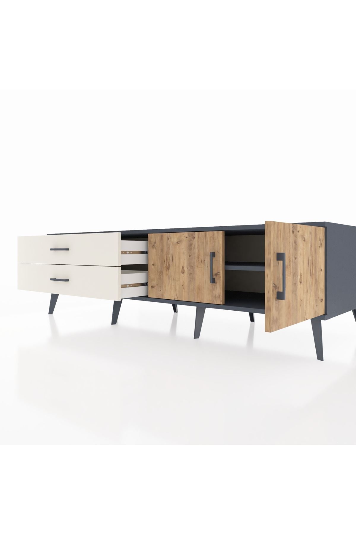 Kronos TV Ünitesi Tek Raflı 2 Çekmeceli 2 Kapaklı 176x59x51 Antrasit-Çam/Aytaşı