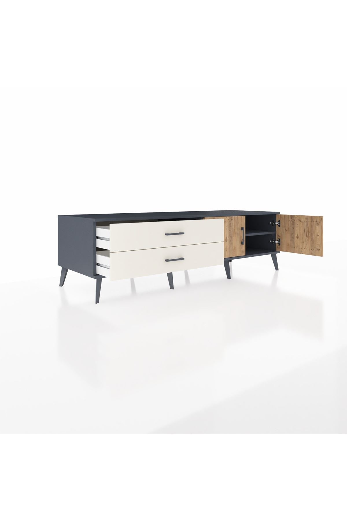 Kronos TV Ünitesi Tek Raflı 2 Çekmeceli 2 Kapaklı 176x59x51 Antrasit-Çam/Aytaşı