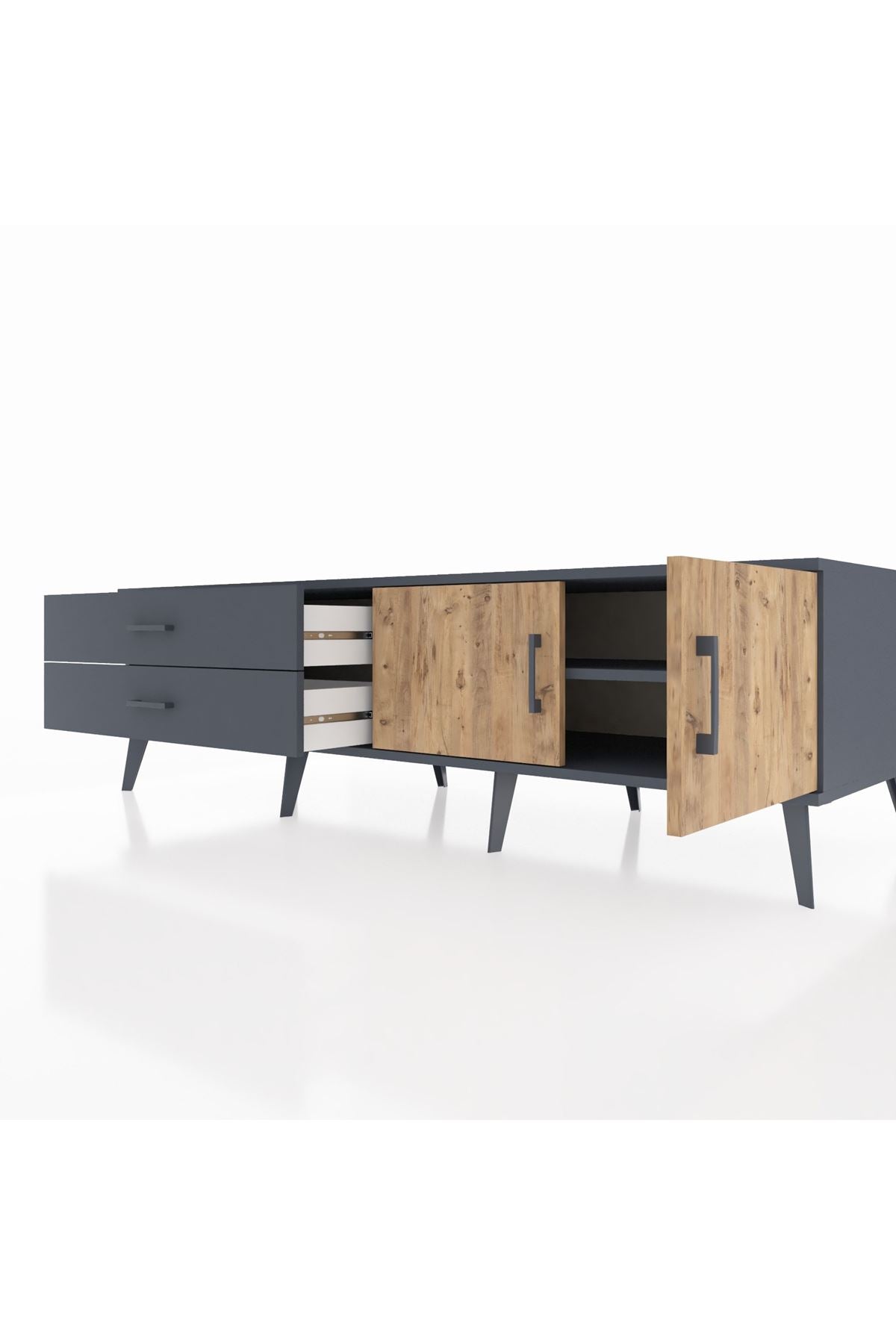 Kronos TV Ünitesi Tek Raflı 2 Çekmeceli 2 Kapaklı 176x59x51 Antrasit-Çam/Antrasit