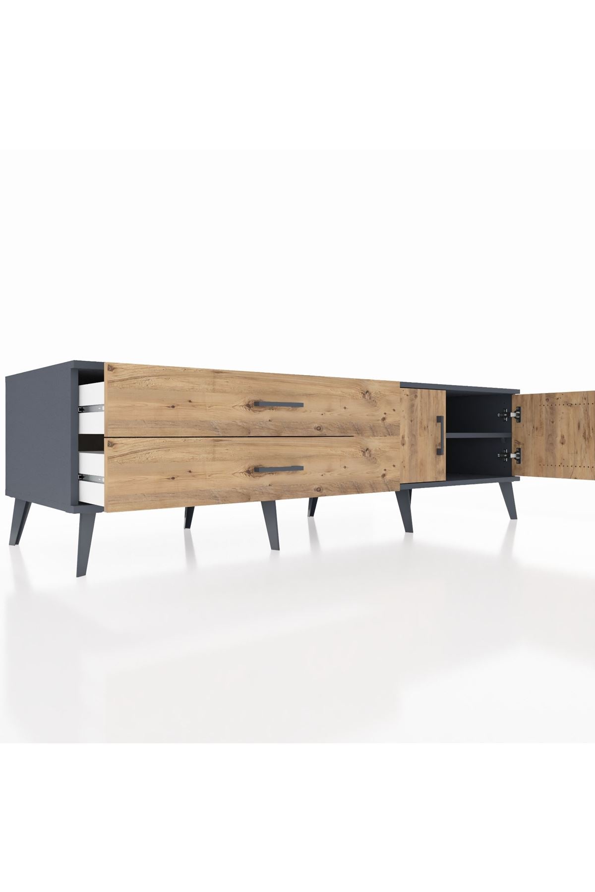 Kronos TV Ünitesi Tek Raflı 2 Çekmeceli 2 Kapaklı 176x59x51 Antrasit-Çam/Çam