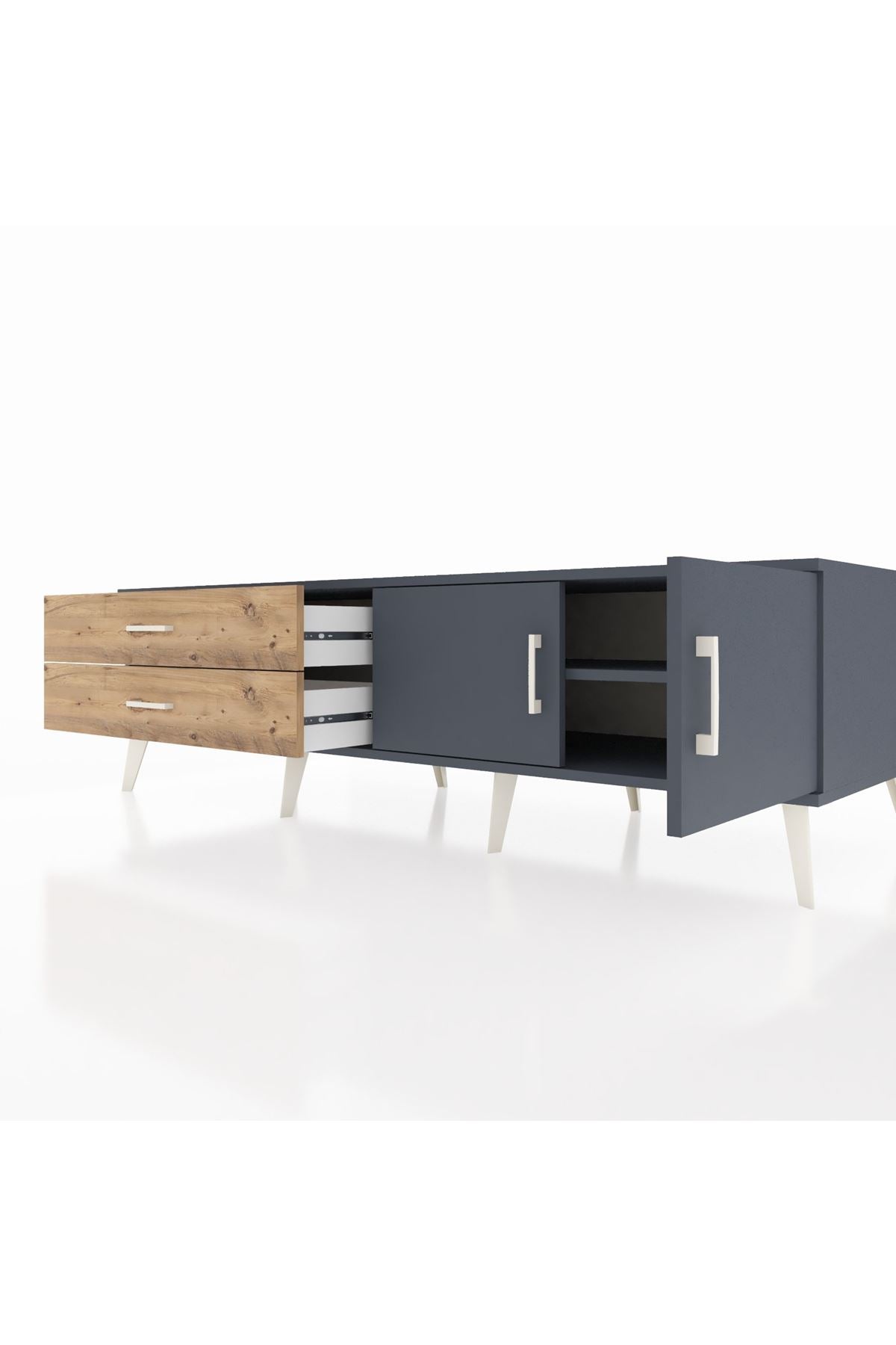 Kronos TV Ünitesi Tek Raflı 2 Çekmeceli 2 Kapaklı 176x59x51 Antrasit-Antrasit/Çam