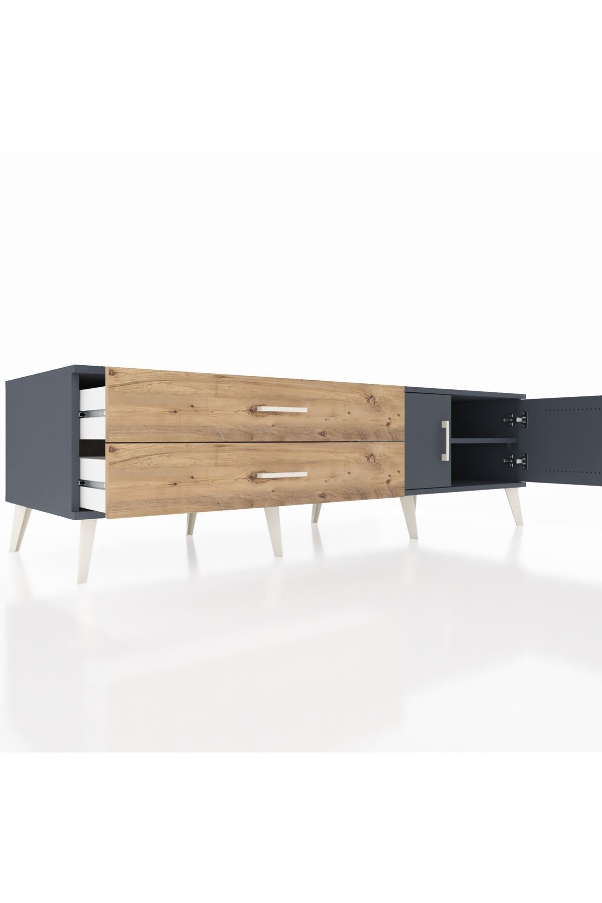 Kronos TV Ünitesi Tek Raflı 2 Çekmeceli 2 Kapaklı 176x59x51 Antrasit-Antrasit/Çam