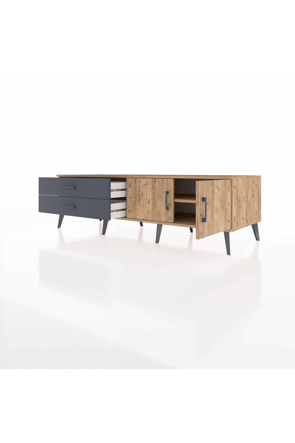 Kronos TV Ünitesi Tek Raflı 2 Çekmeceli 2 Kapaklı 176x59x51 Çam-Çam/Antrasit