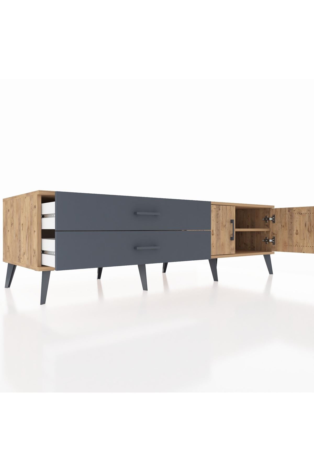 Kronos TV Ünitesi Tek Raflı 2 Çekmeceli 2 Kapaklı 176x59x51 Çam-Çam/Antrasit