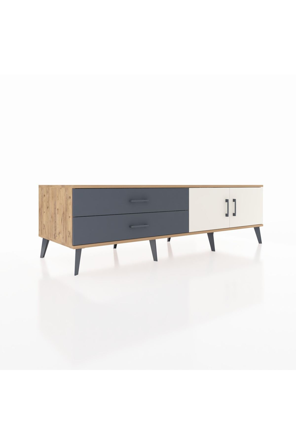 Kronos TV Ünitesi Tek Raflı 2 Çekmeceli 2 Kapaklı 176x59x51 Çam-Aytaşı/Antrasit