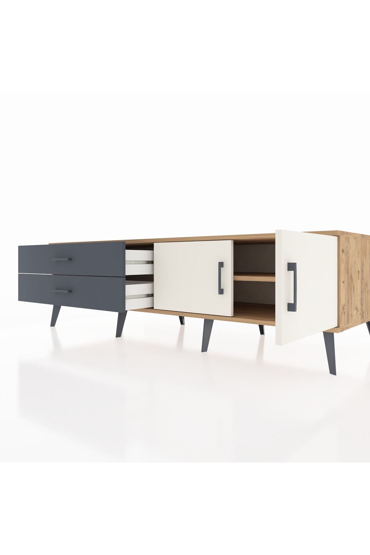 Kronos TV Ünitesi Tek Raflı 2 Çekmeceli 2 Kapaklı 176x59x51 Çam-Aytaşı/Antrasit