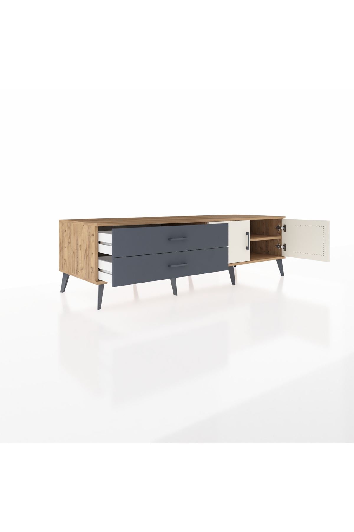 Kronos TV Ünitesi Tek Raflı 2 Çekmeceli 2 Kapaklı 176x59x51 Çam-Aytaşı/Antrasit