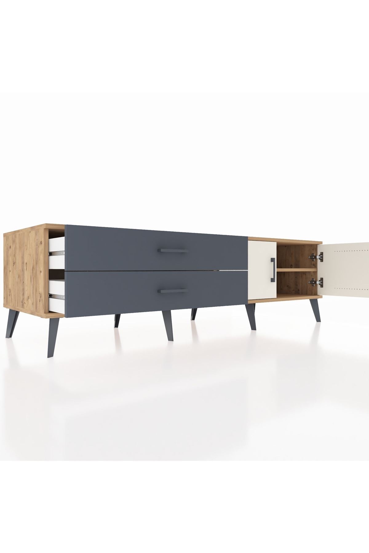 Kronos TV Ünitesi Tek Raflı 2 Çekmeceli 2 Kapaklı 176x59x51 Çam-Aytaşı/Antrasit