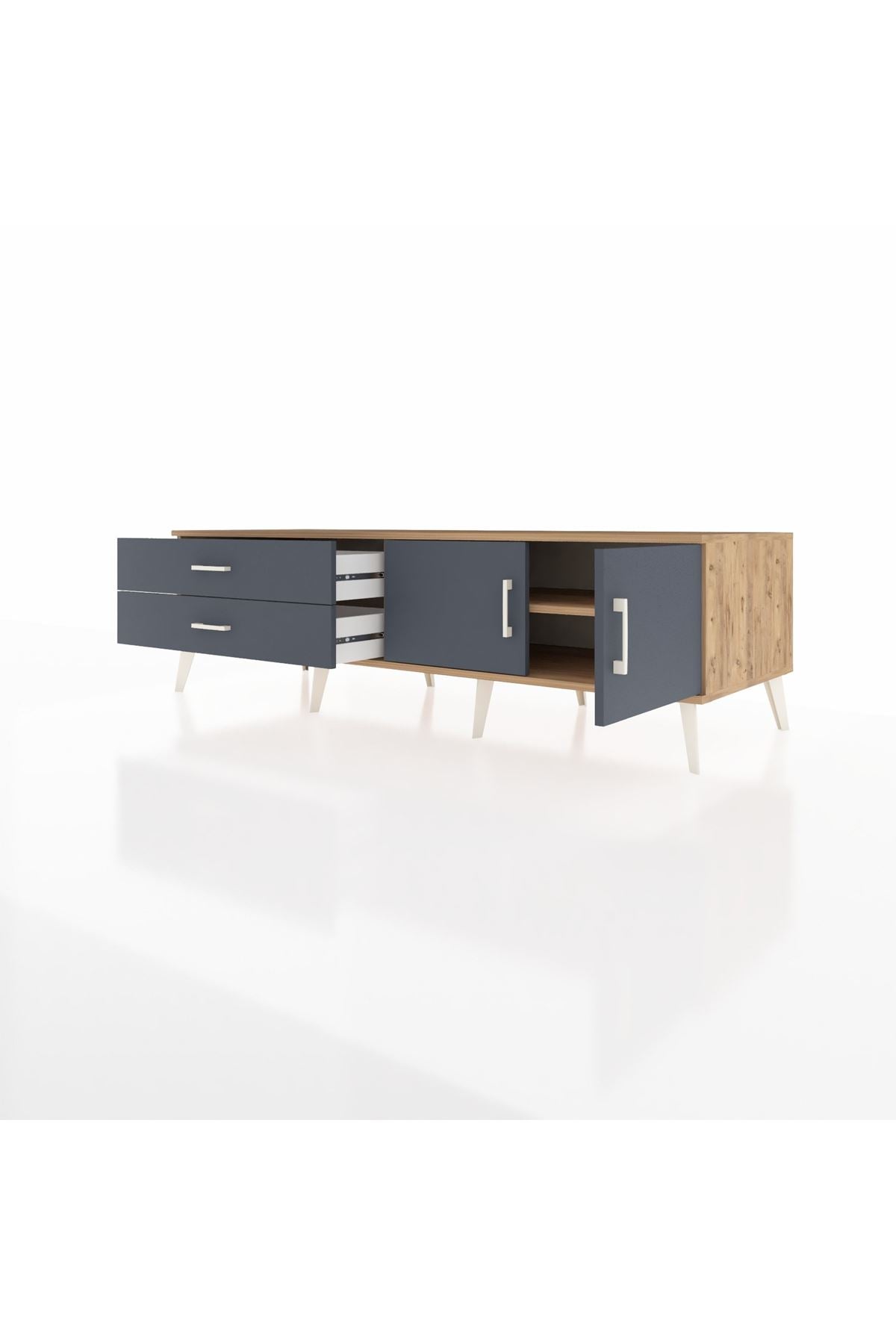 Kronos TV Ünitesi Tek Raflı 2 Çekmeceli 2 Kapaklı 176x59x51 Çam-Antrasit/Antrasit