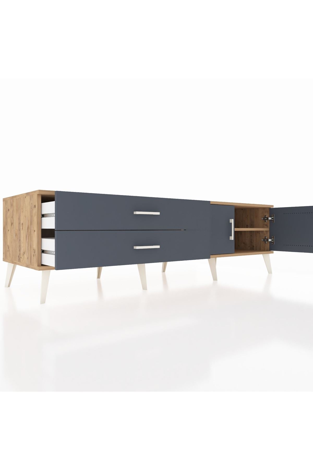 Kronos TV Ünitesi Tek Raflı 2 Çekmeceli 2 Kapaklı 176x59x51 Çam-Antrasit/Antrasit