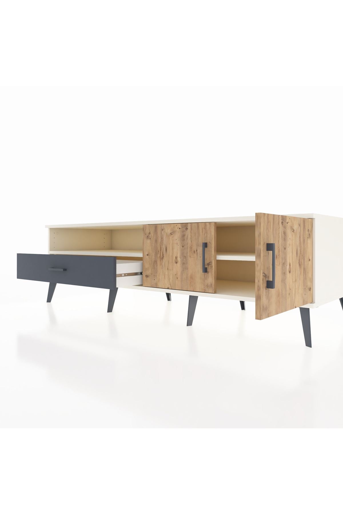 Kronos TV Ünitesi 2 Raflı Tek Çekmeceli 2 Kapaklı 176x59x51 Aytaşı-Çam/Antrasit