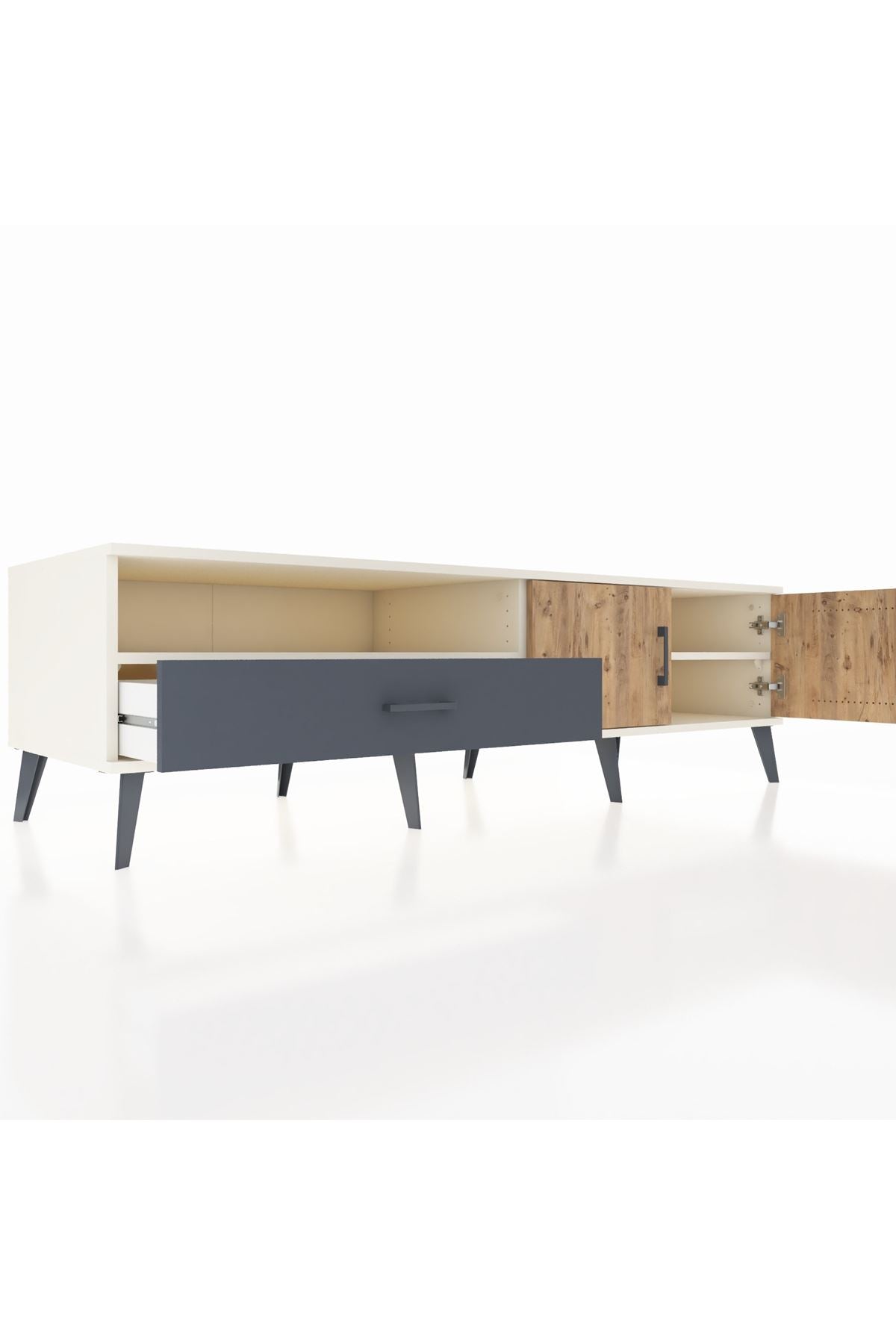 Kronos TV Ünitesi 2 Raflı Tek Çekmeceli 2 Kapaklı 176x59x51 Aytaşı-Çam/Antrasit