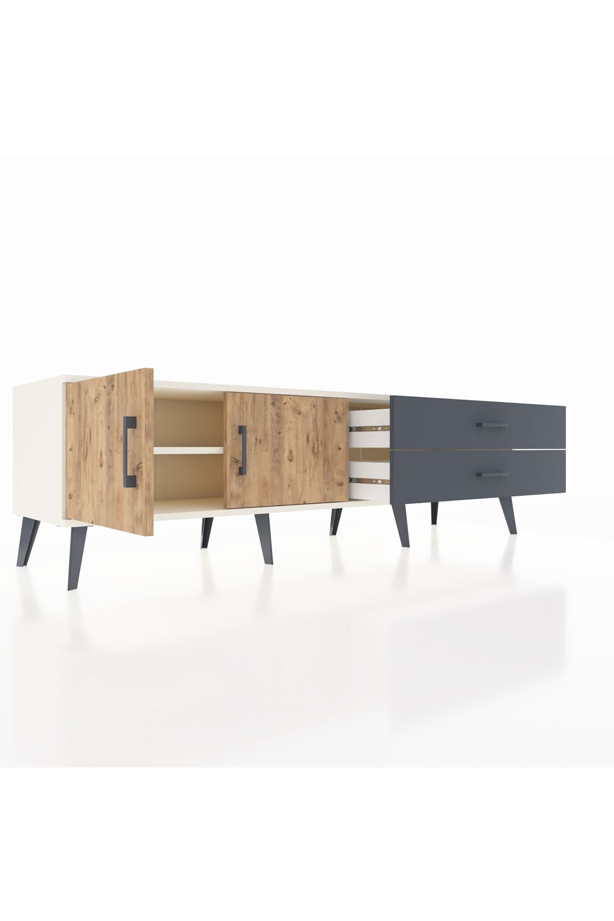 Hyperion TV Ünitesi Tek Raflı 2 Çekmeceli 2 Kapaklı 176x44x51 Aytaşı-Çam/Antrasit