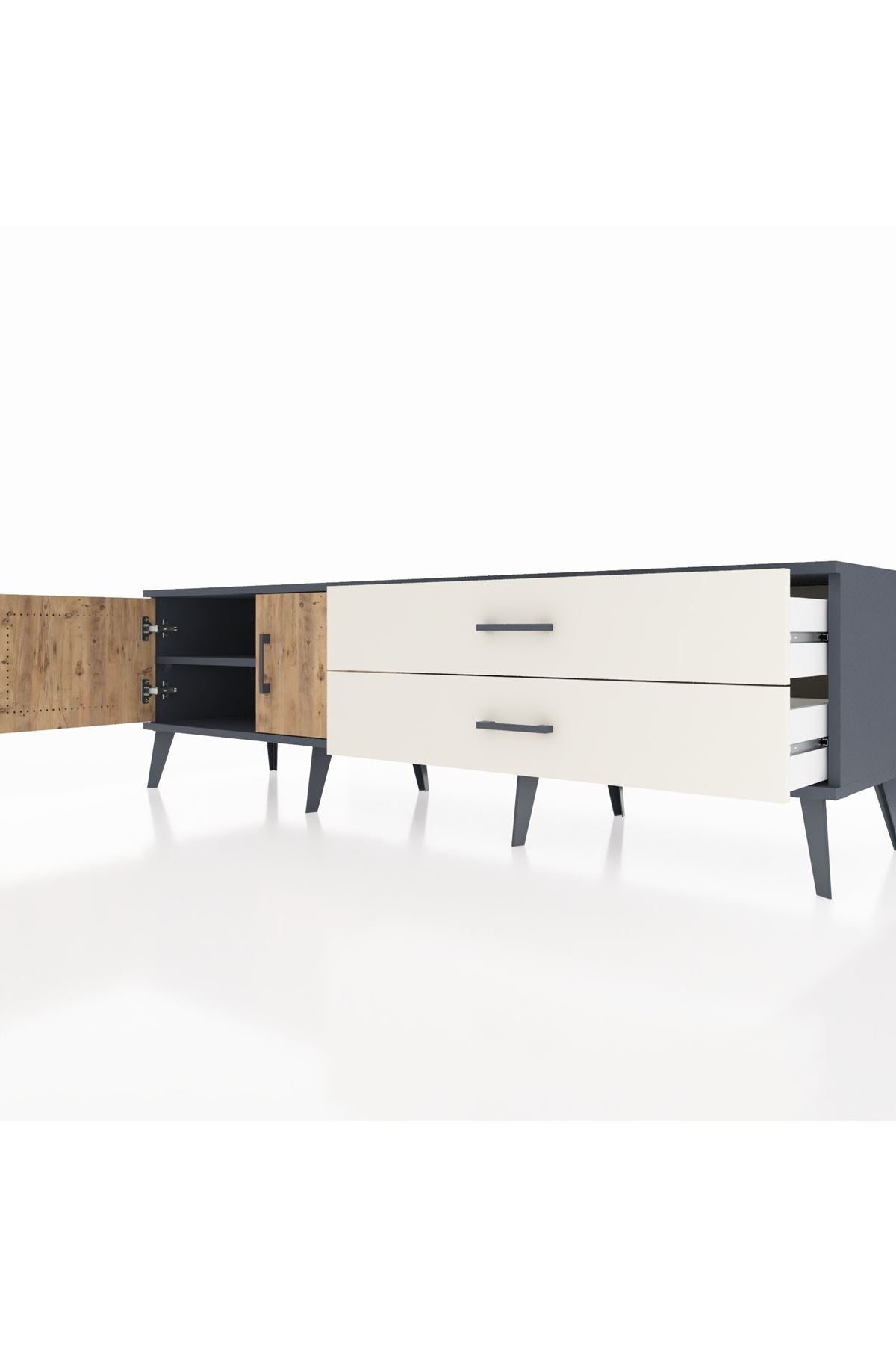 Hyperion TV Ünitesi Tek Raflı 2 Çekmeceli 2 Kapaklı 176x44x51 Antrasit-Çam/Aytaşı