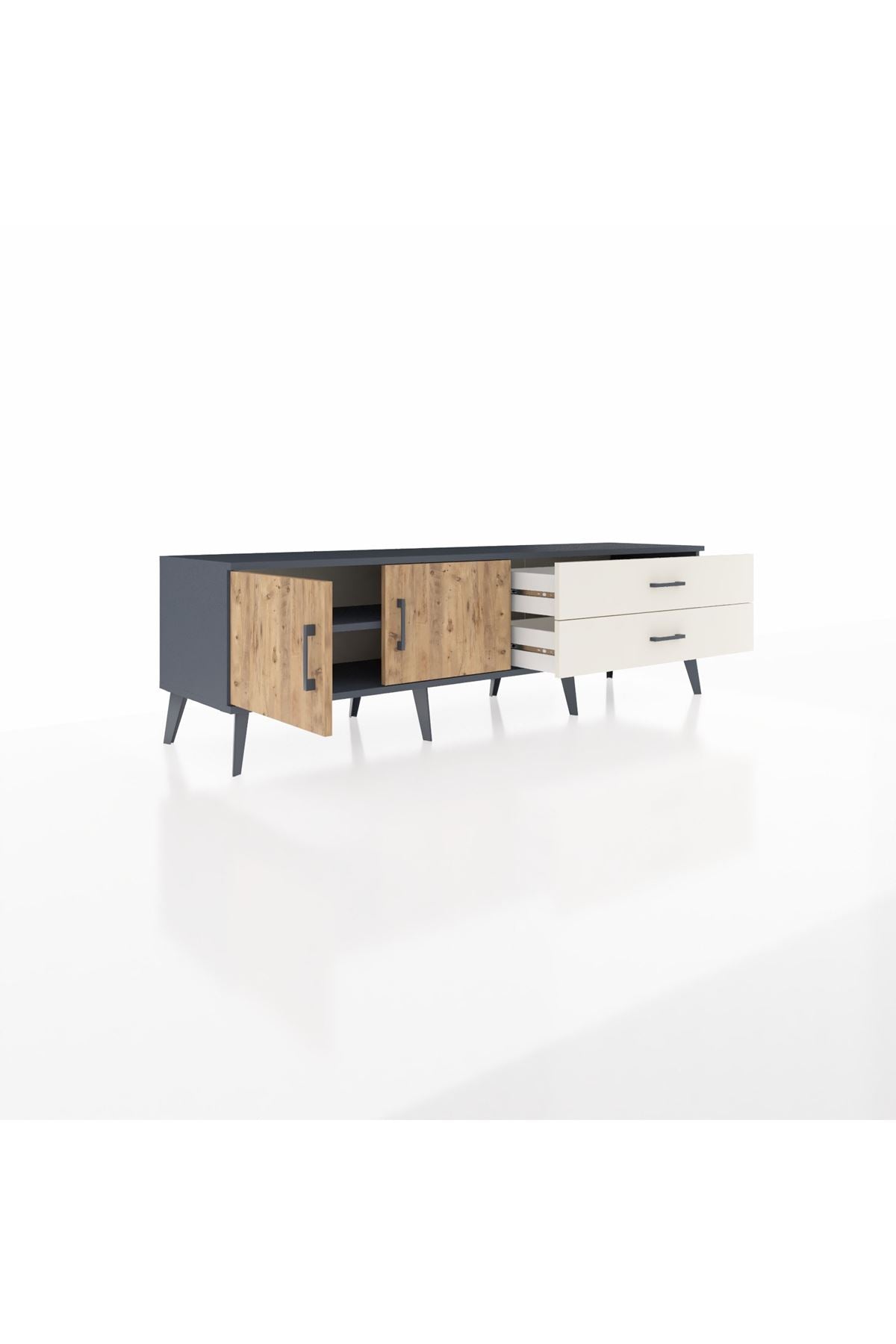 Hyperion TV Ünitesi Tek Raflı 2 Çekmeceli 2 Kapaklı 176x44x51 Antrasit-Çam/Aytaşı