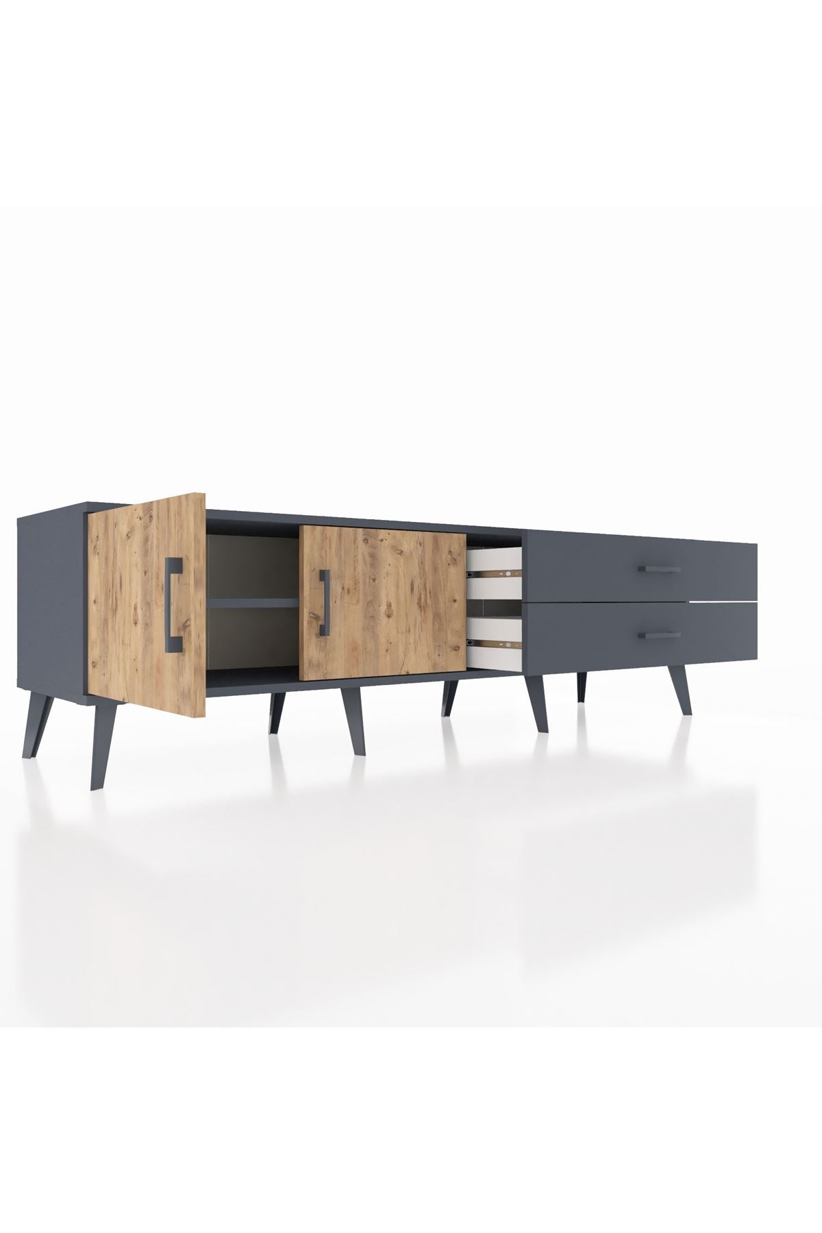 Hyperion TV Ünitesi Tek Raflı 2 Çekmeceli 2 Kapaklı 176x44x51 Antrasit-Çam/Antrasit