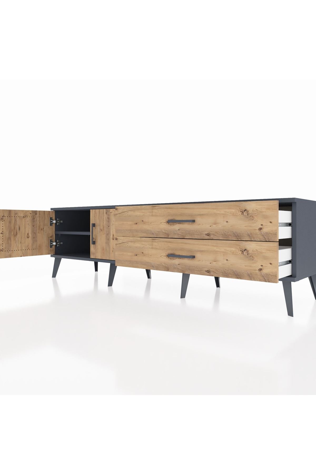 Hyperion TV Ünitesi Tek Raflı 2 Çekmeceli 2 Kapaklı 176x44x51 Antrasit-Çam/Çam