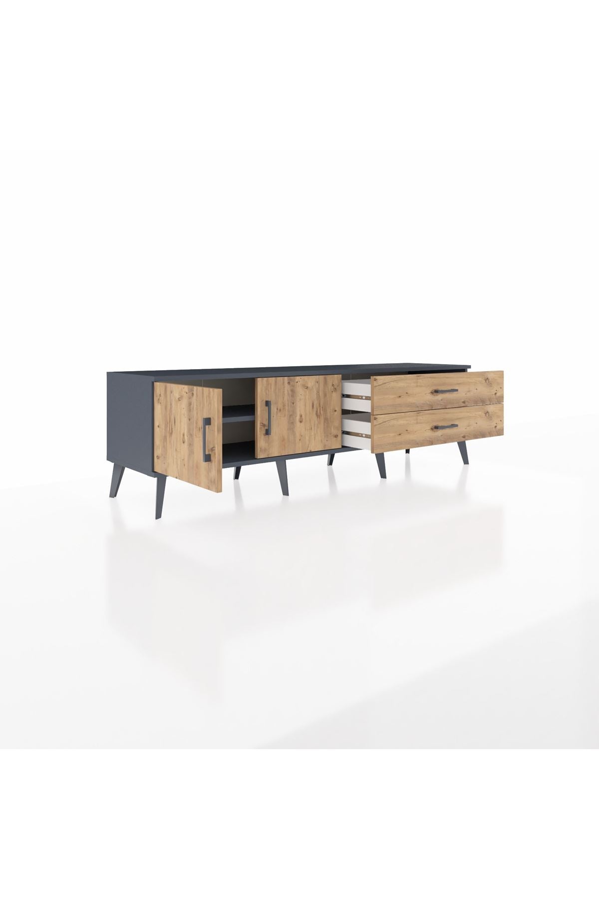 Hyperion TV Ünitesi Tek Raflı 2 Çekmeceli 2 Kapaklı 176x44x51 Antrasit-Çam/Çam