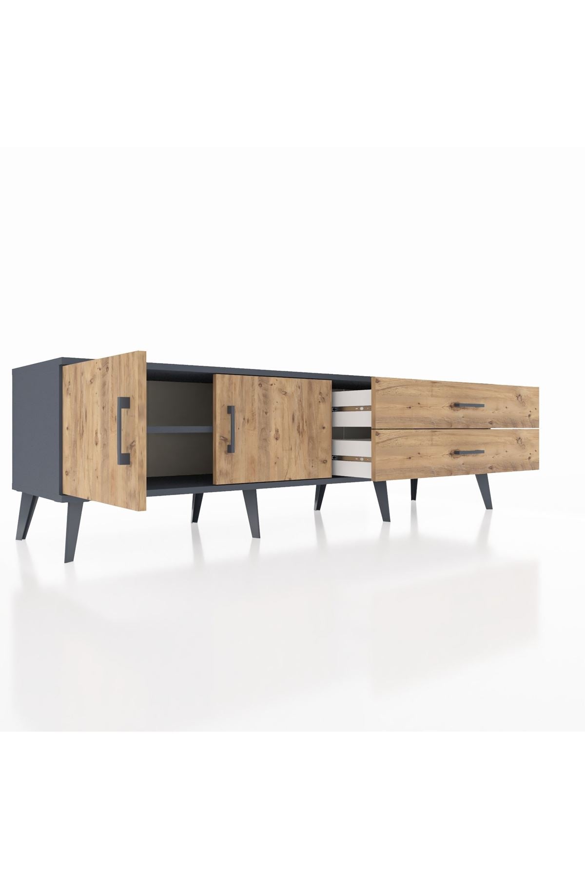 Hyperion TV Ünitesi Tek Raflı 2 Çekmeceli 2 Kapaklı 176x44x51 Antrasit-Çam/Çam