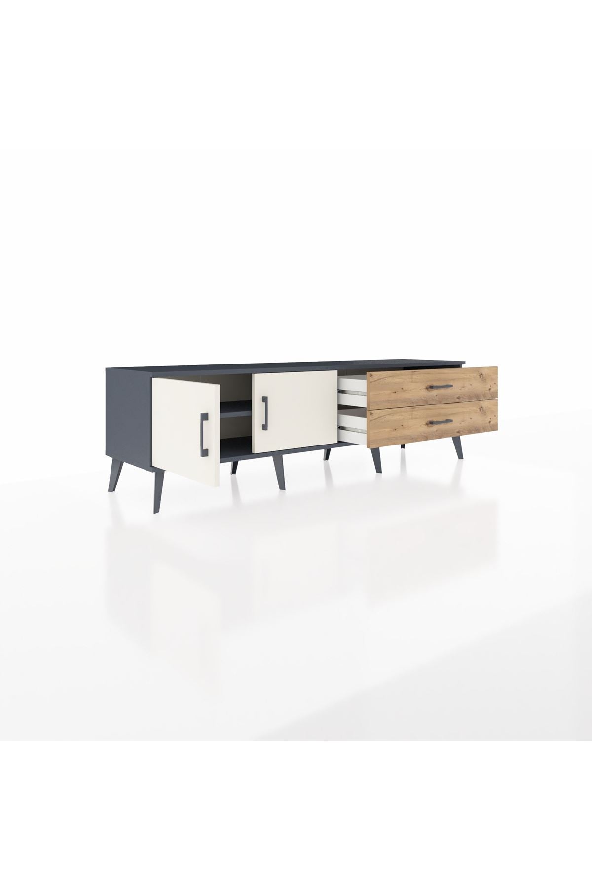 Hyperion TV Ünitesi Tek Raflı 2 Çekmeceli 2 Kapaklı 176x44x51 Antrasit-Aytaşı/Çam