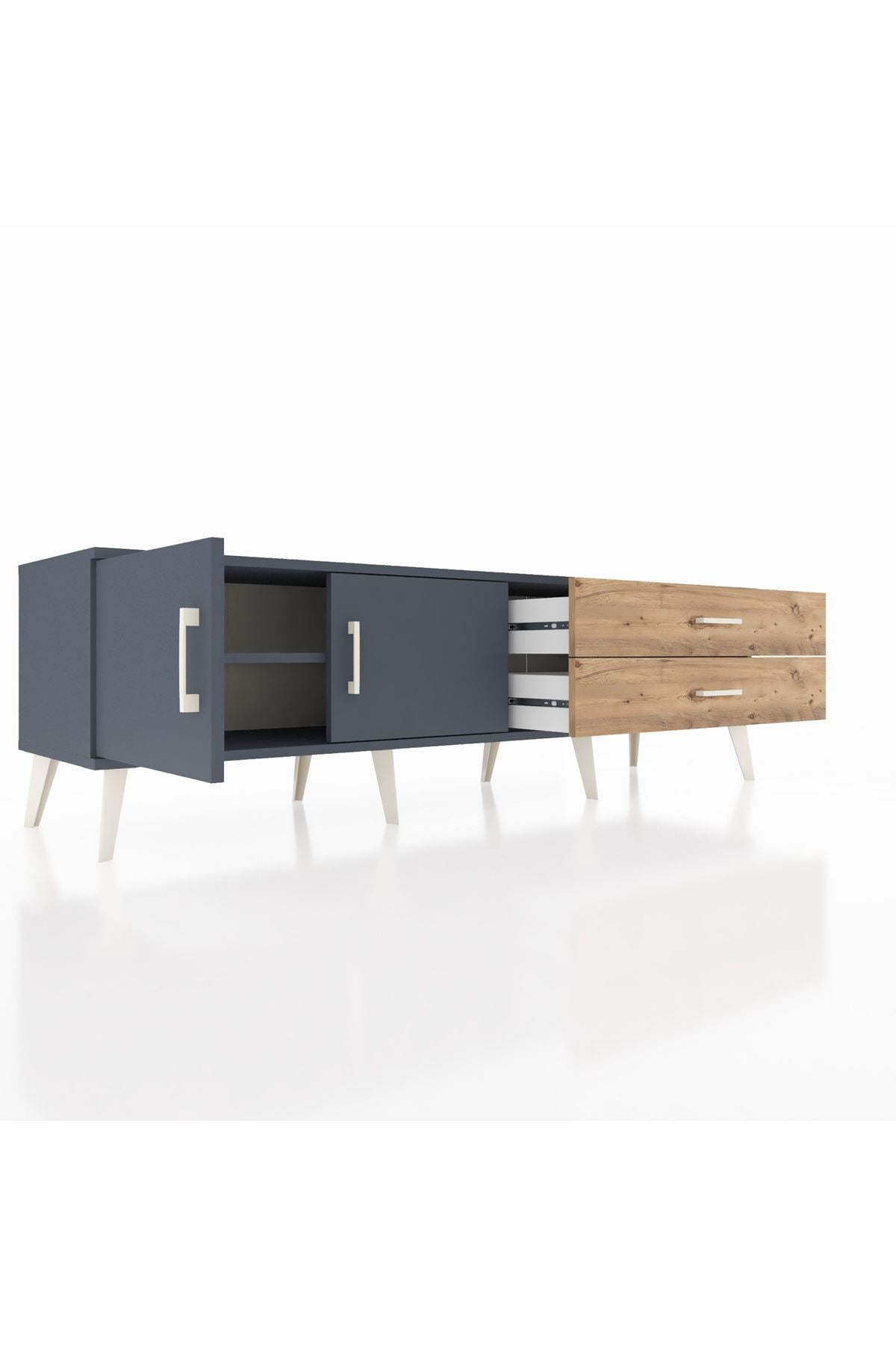 Hyperion TV Ünitesi Tek Raflı 2 Çekmeceli 2 Kapaklı 176x44x51 Antrasit-Antrasit/Çam