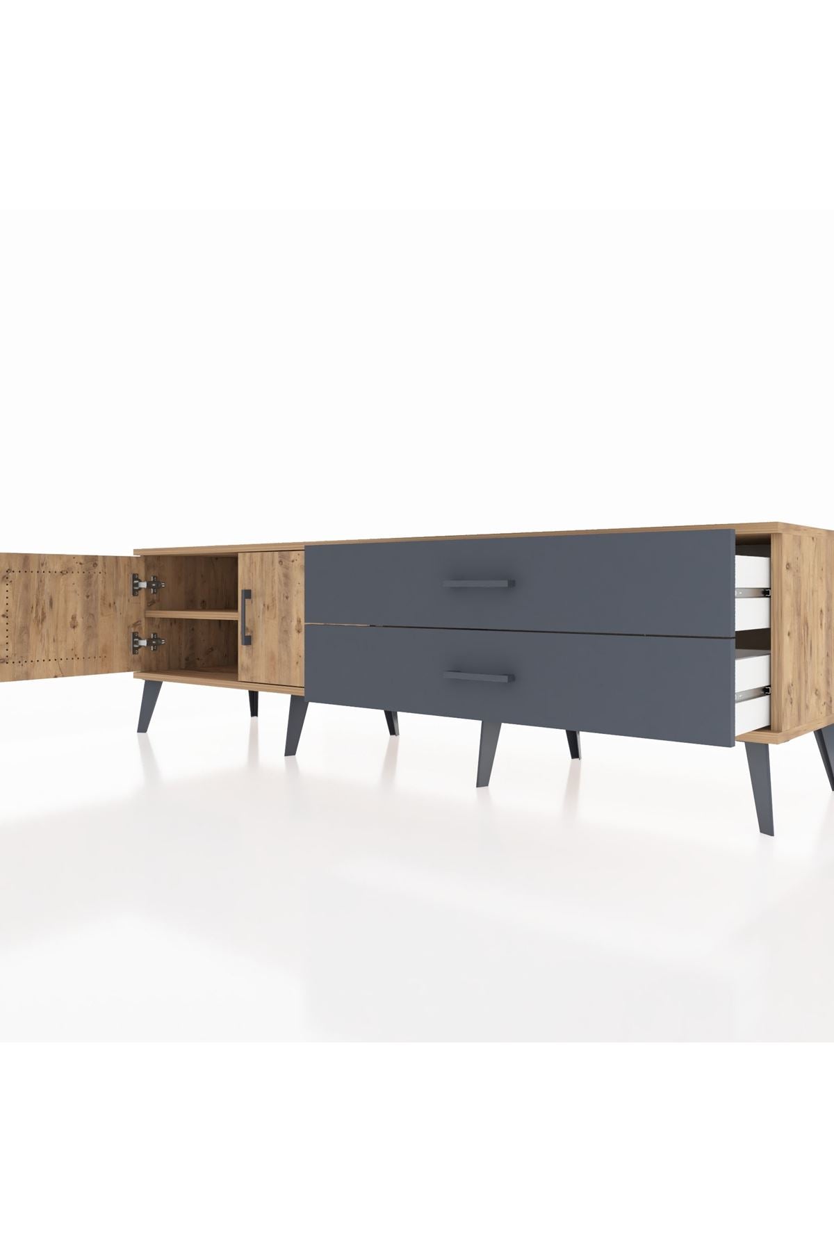 Hyperion TV Ünitesi Tek Raflı 2 Çekmeceli 2 Kapaklı 176x44x51 Çam-Çam/Antrasit