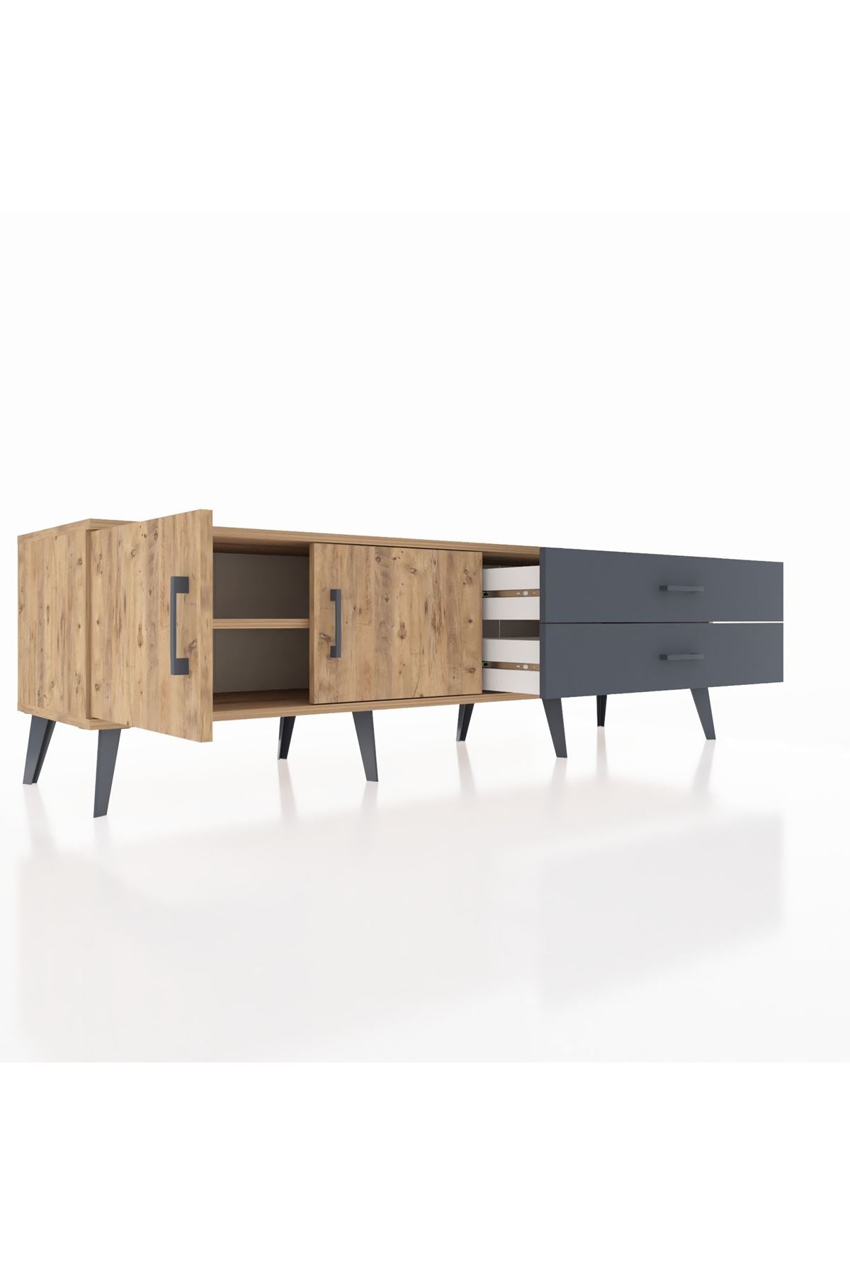 Hyperion TV Ünitesi Tek Raflı 2 Çekmeceli 2 Kapaklı 176x44x51 Çam-Çam/Antrasit