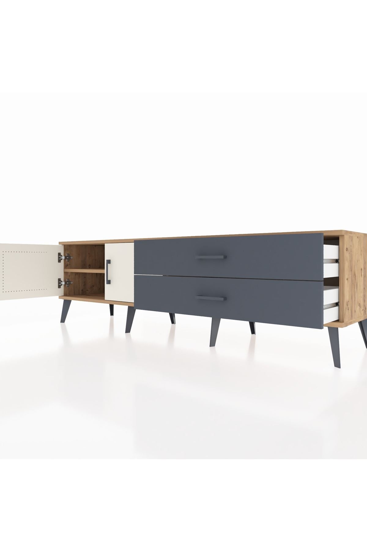 Hyperion TV Ünitesi Tek Raflı 2 Çekmeceli 2 Kapaklı 176x44x51 Çam-Aytaşı/Antrasit