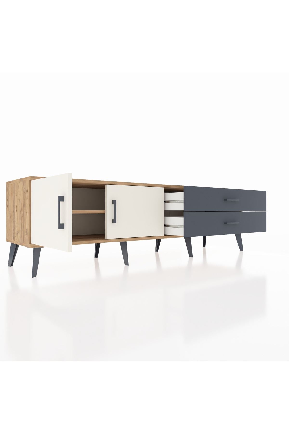 Hyperion TV Ünitesi Tek Raflı 2 Çekmeceli 2 Kapaklı 176x44x51 Çam-Aytaşı/Antrasit