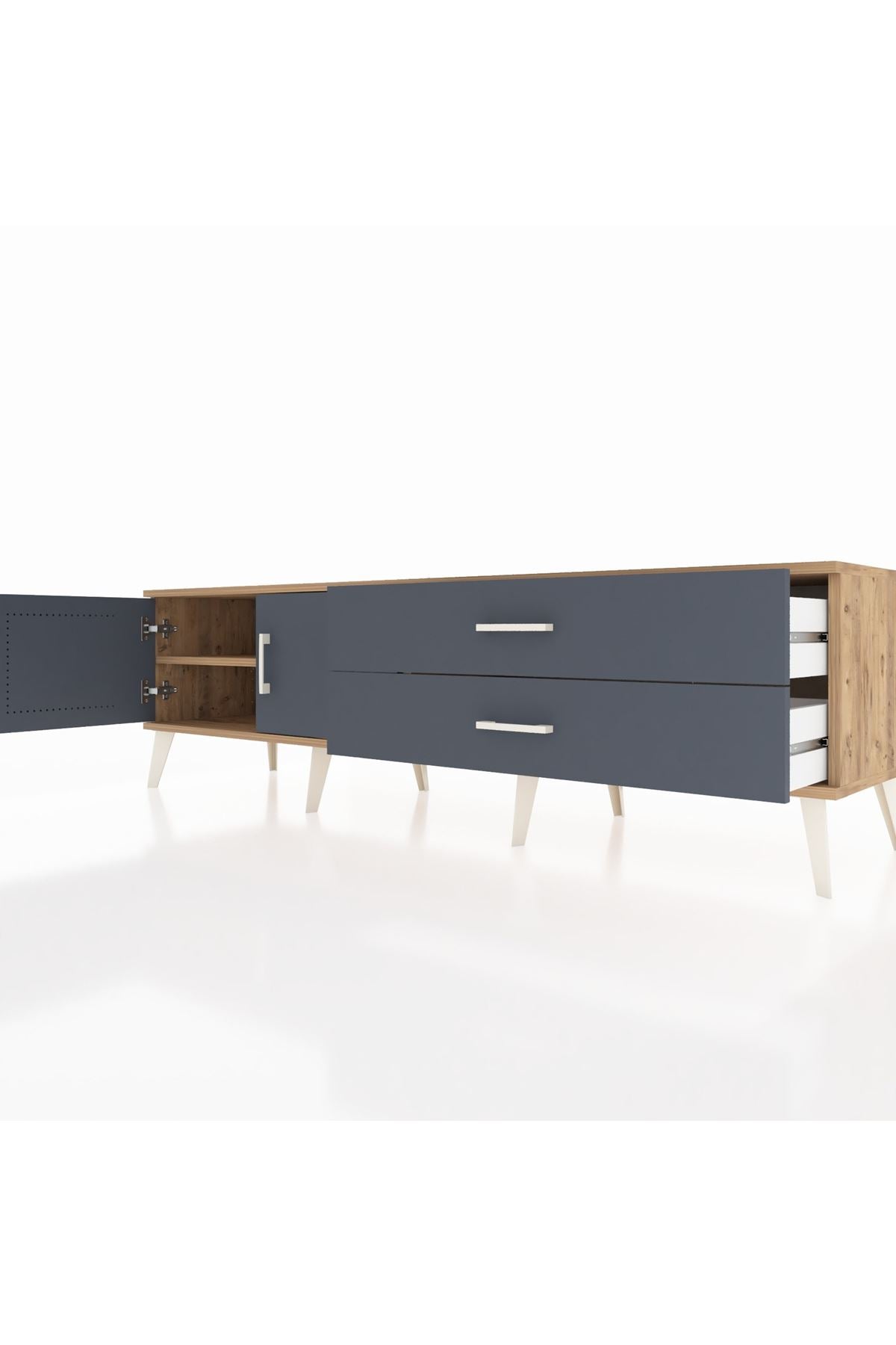 Hyperion TV Ünitesi Tek Raflı 2 Çekmeceli 2 Kapaklı 176x44x51 Çam-Antrasit/Antrasit