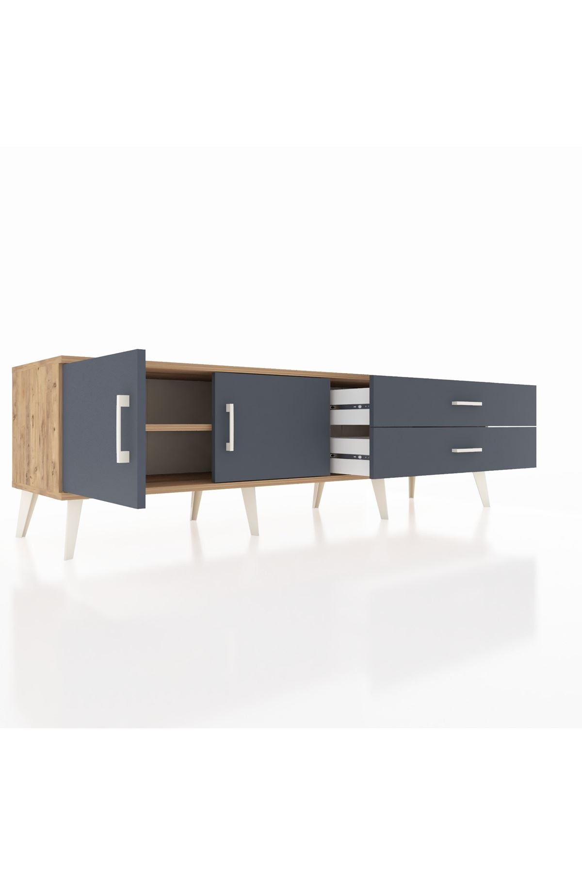 Hyperion TV Ünitesi Tek Raflı 2 Çekmeceli 2 Kapaklı 176x44x51 Çam-Antrasit/Antrasit