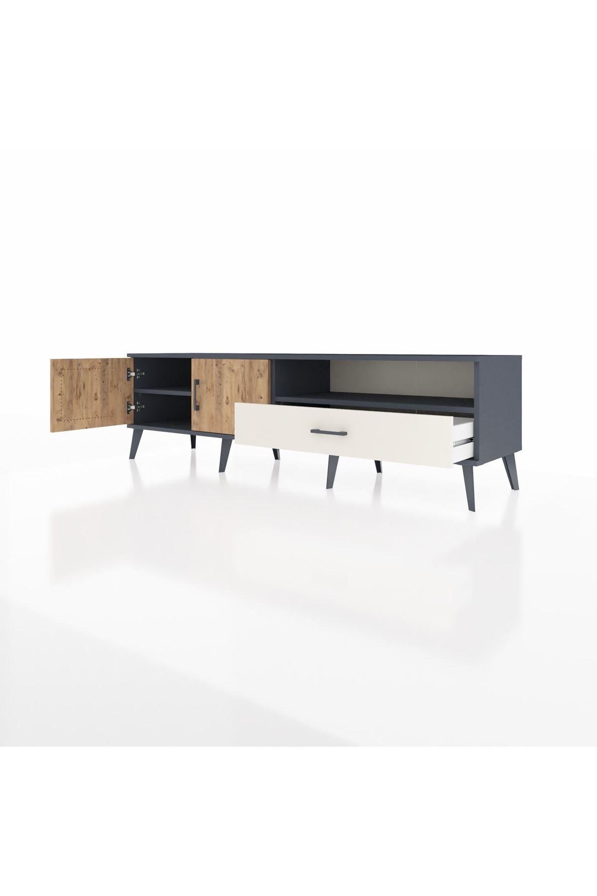 Hyperion TV Ünitesi 2 Raflı Tek Çekmeceli 2 Kapaklı 176x44x51 Antrasit-Çam/Aytaşı