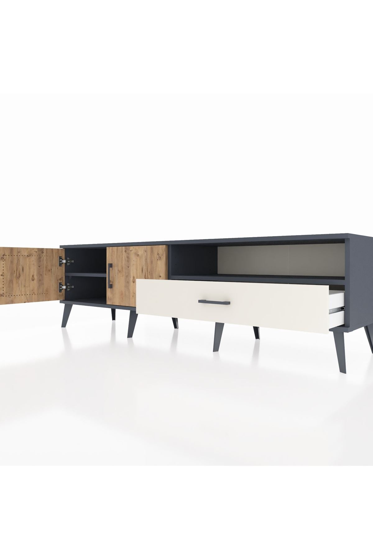 Hyperion TV Ünitesi 2 Raflı Tek Çekmeceli 2 Kapaklı 176x44x51 Antrasit-Çam/Aytaşı