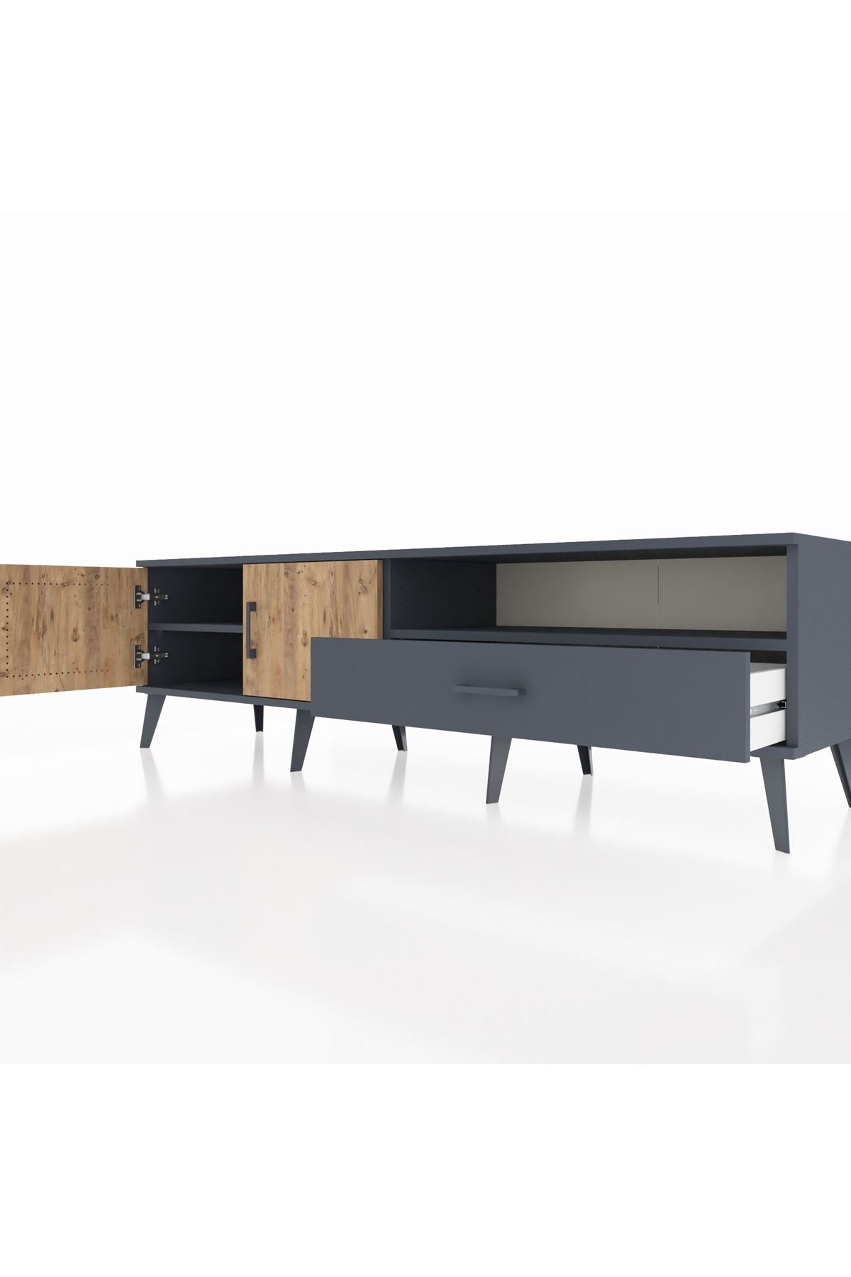 Hyperion TV Ünitesi 2 Raflı Tek Çekmeceli 2 Kapaklı 176x44x51 Antrasit-Çam/Antrasit