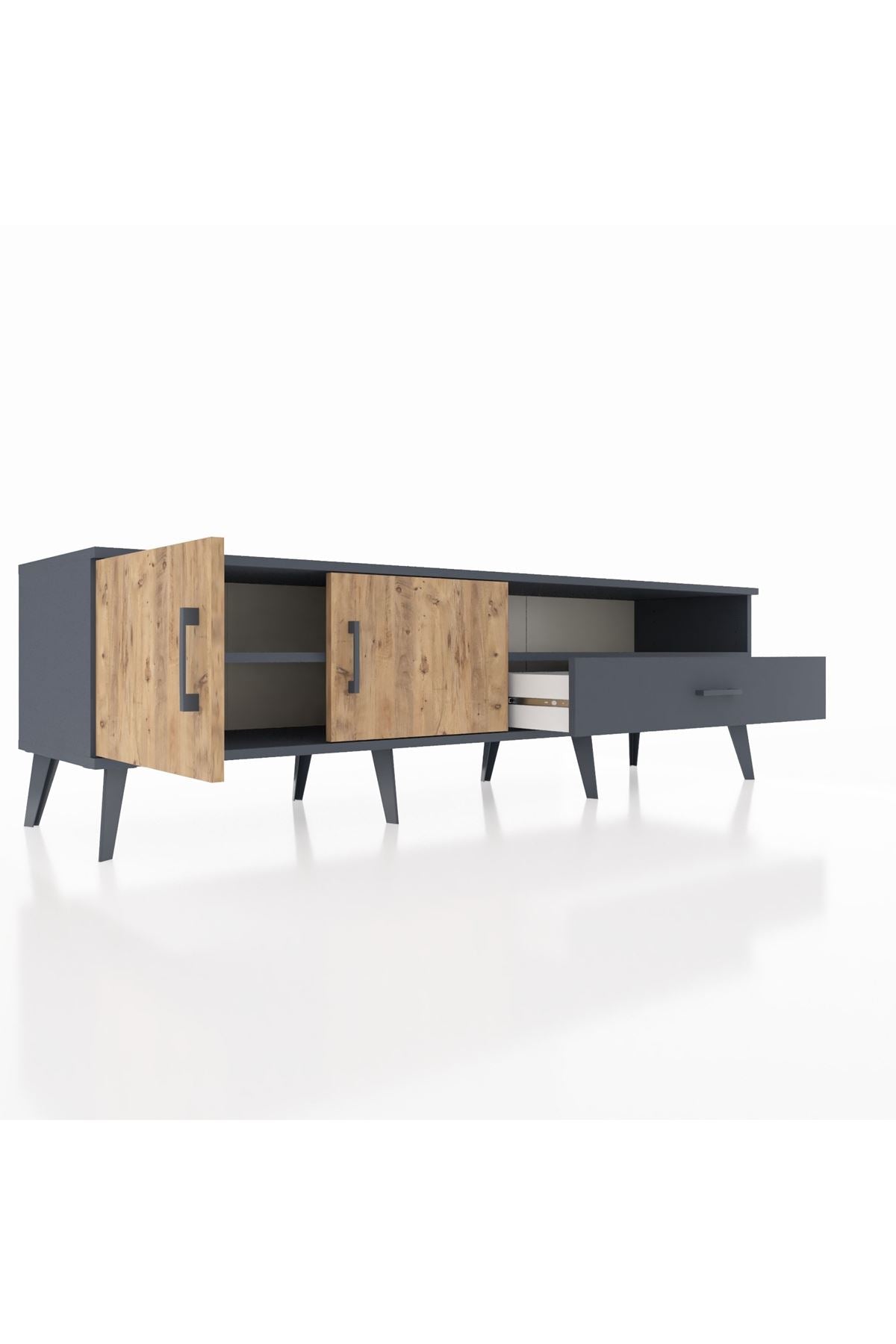 Hyperion TV Ünitesi 2 Raflı Tek Çekmeceli 2 Kapaklı 176x44x51 Antrasit-Çam/Antrasit