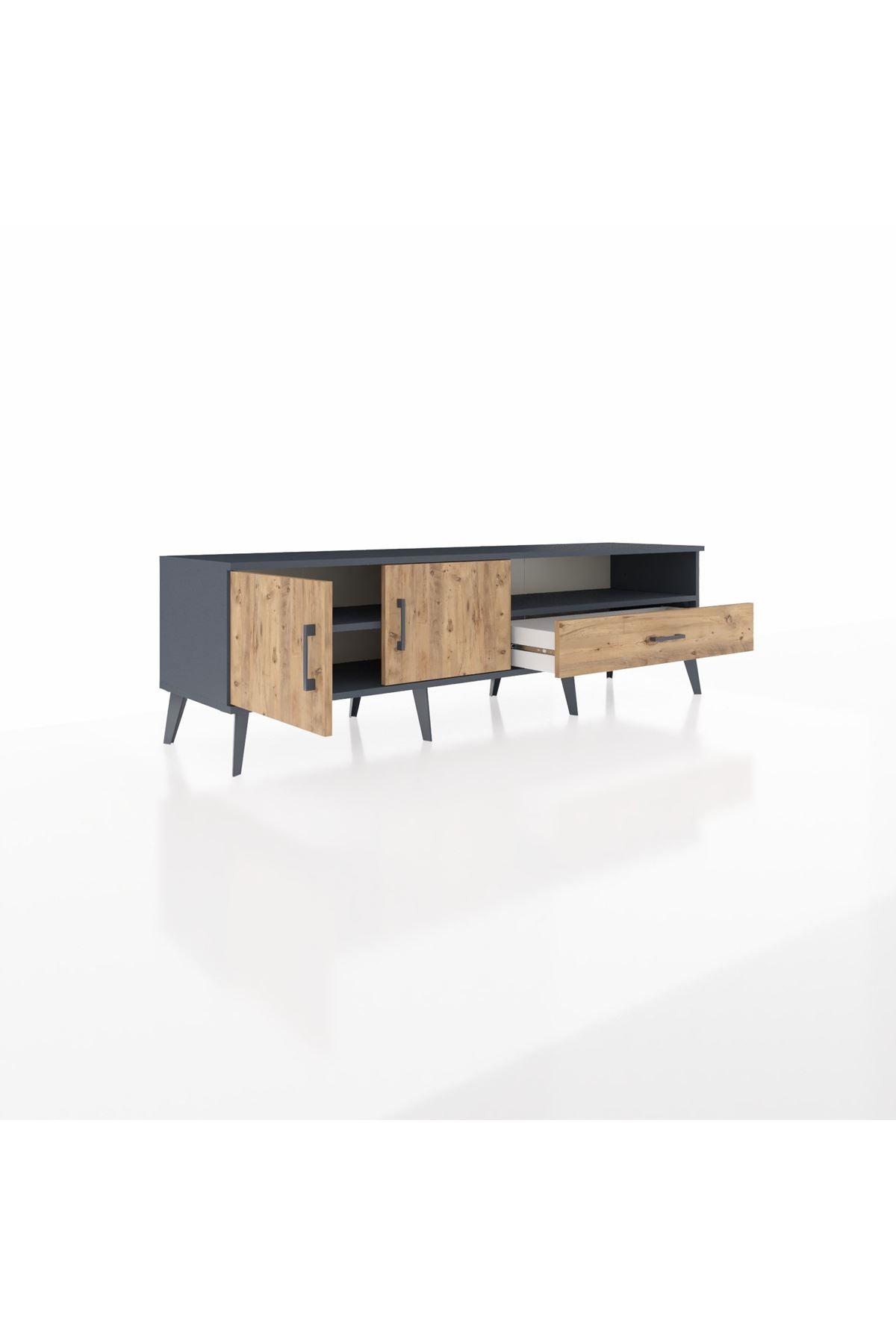 Hyperion TV Ünitesi 2 Raflı Tek Çekmeceli 2 Kapaklı 176x44x51 Antrasit-Çam/Çam