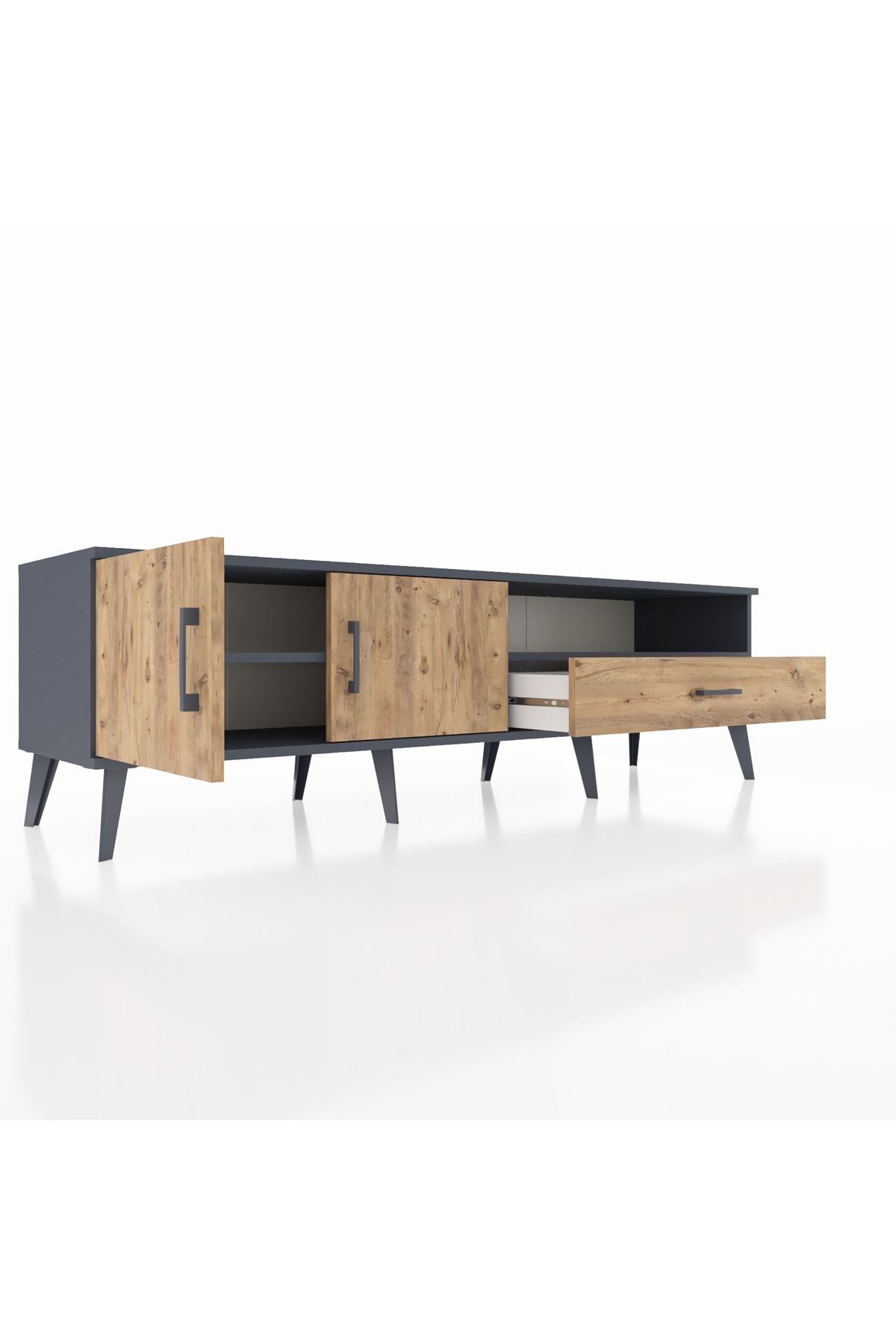 Hyperion TV Ünitesi 2 Raflı Tek Çekmeceli 2 Kapaklı 176x44x51 Antrasit-Çam/Çam