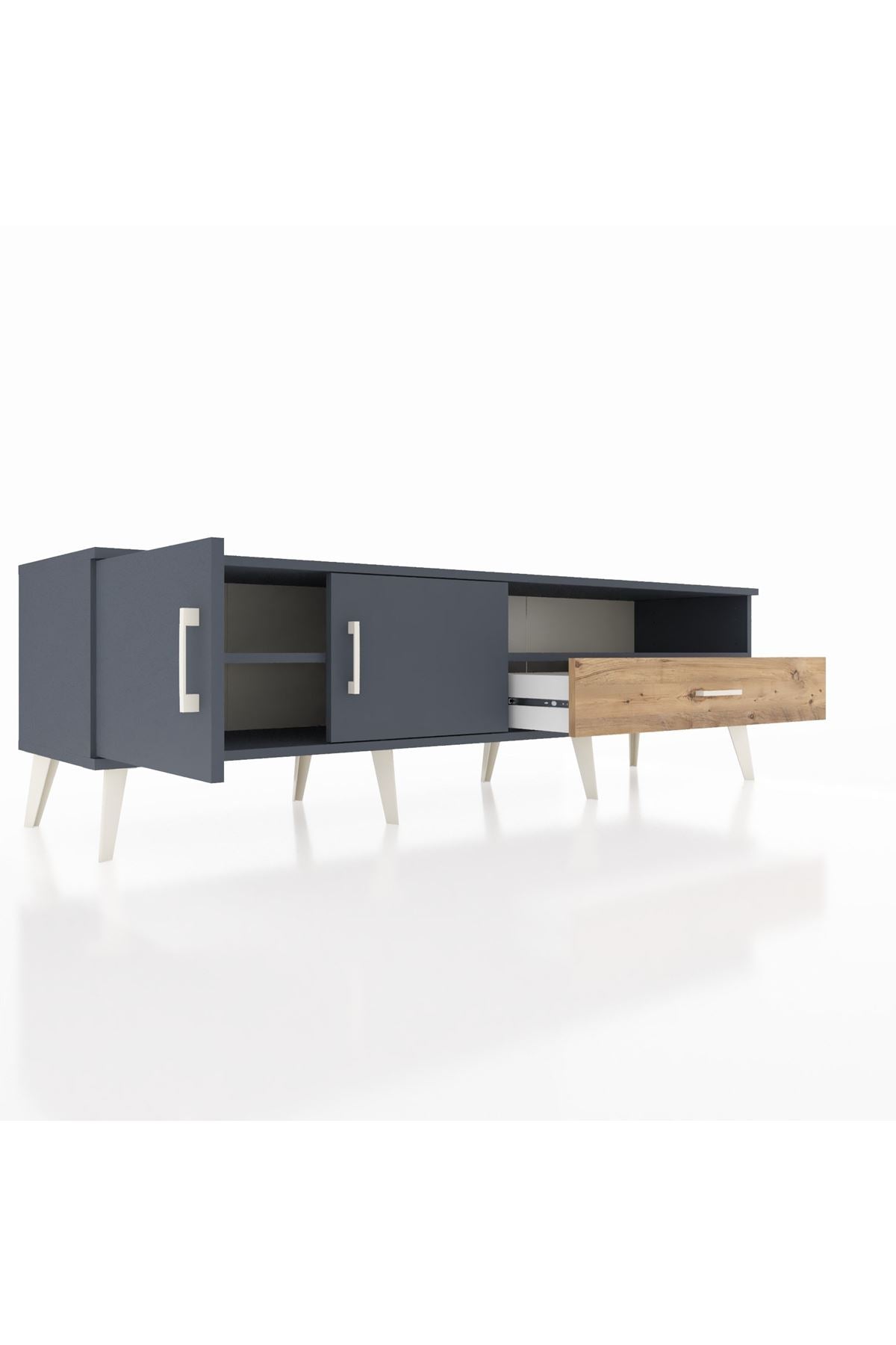 Hyperion TV Ünitesi 2 Raflı Tek Çekmeceli 2 Kapaklı 176x44x51 Antrasit-Antrasit/Çam