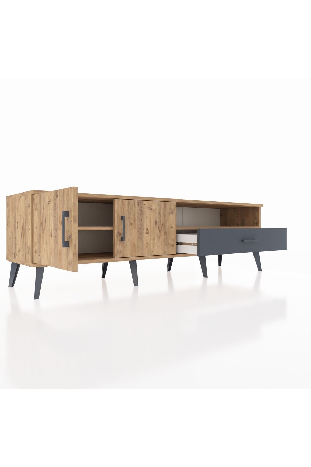 Hyperion TV Ünitesi 2 Raflı Tek Çekmeceli 2 Kapaklı 176x44x51 Çam-Çam/Antrasit