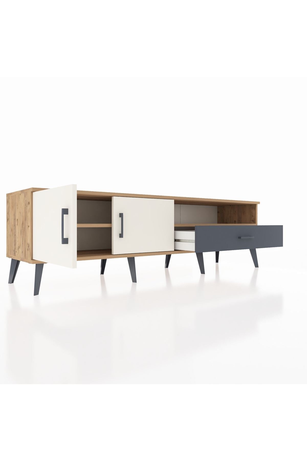 Hyperion TV Ünitesi 2 Raflı Tek Çekmeceli 2 Kapaklı 176x44x51 Çam-Aytaşı/Antrasit