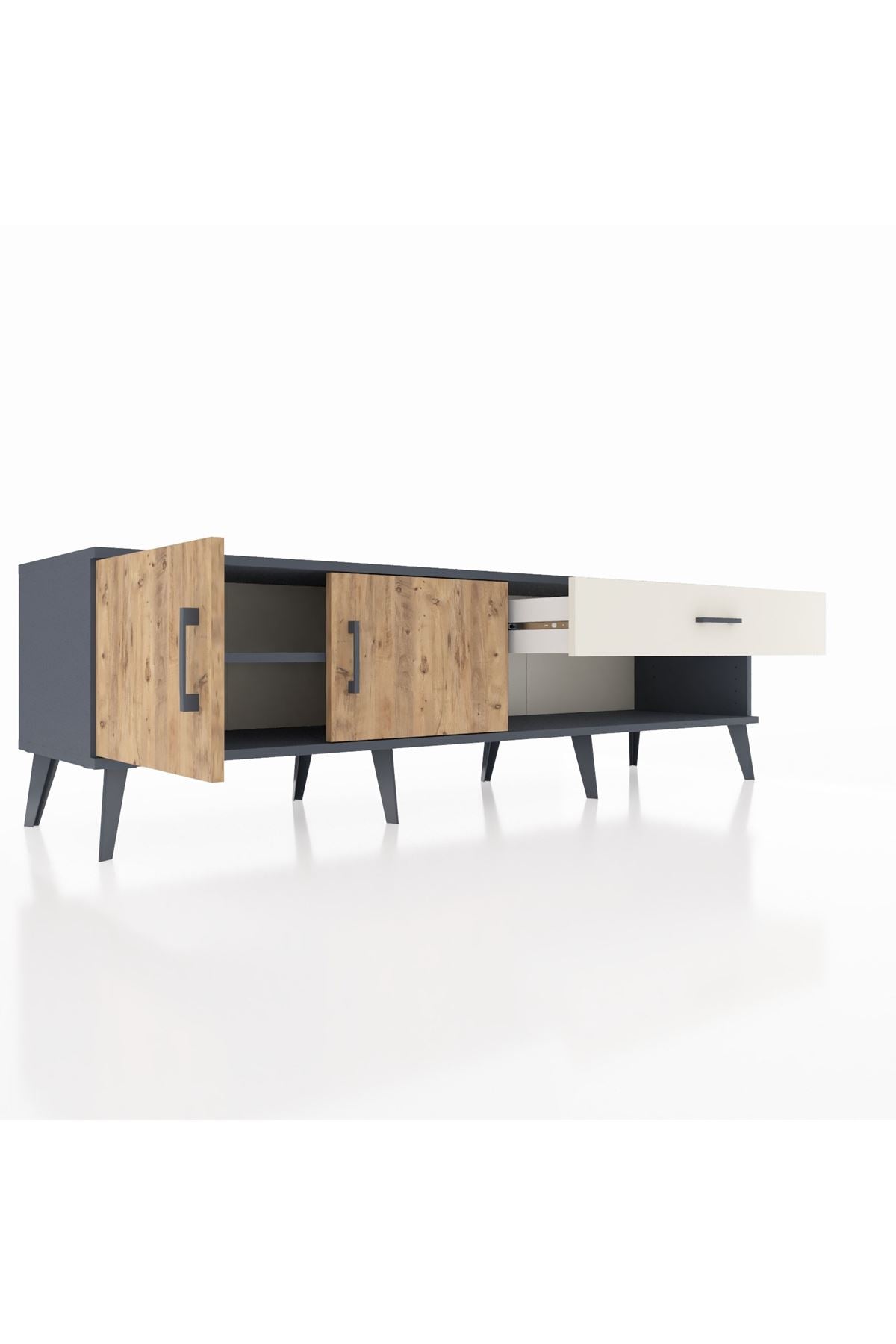 Hyperion TV Ünitesi Tek Raflı Tek Çekmeceli 2 Kapaklı 176x44x51 Antrasit-Çam/Aytaşı