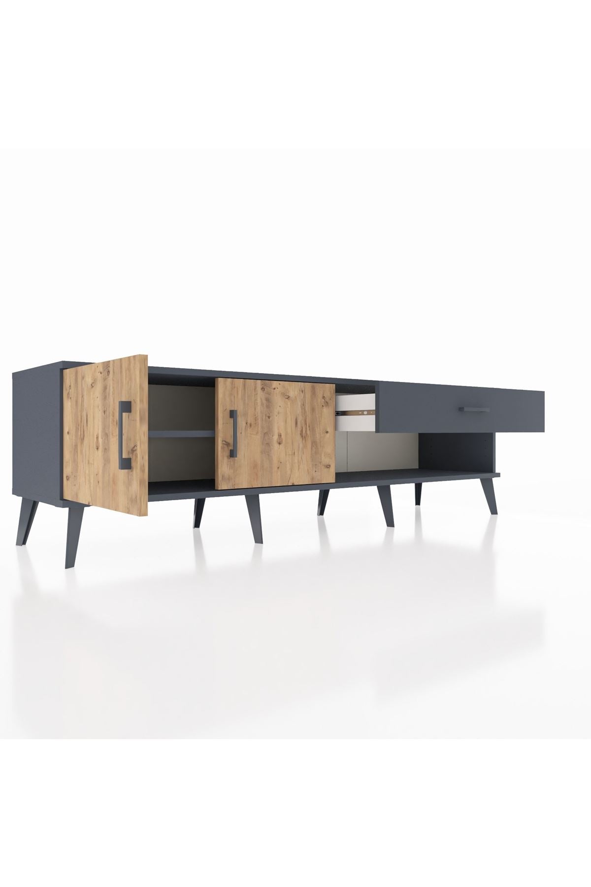 Hyperion TV Ünitesi Tek Raflı Tek Çekmeceli 2 Kapaklı 176x44x51 Antrasit-Çam/Antrasit