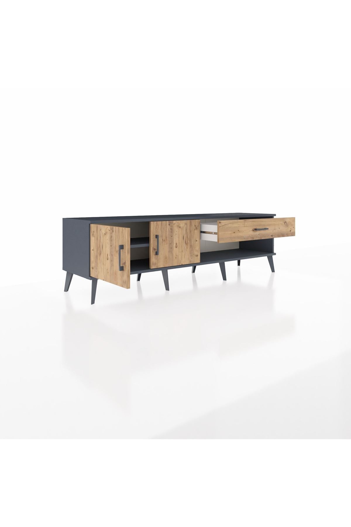 Hyperion TV Ünitesi Tek Raflı Tek Çekmeceli 2 Kapaklı 176x44x51 Antrasit-Çam/Çam